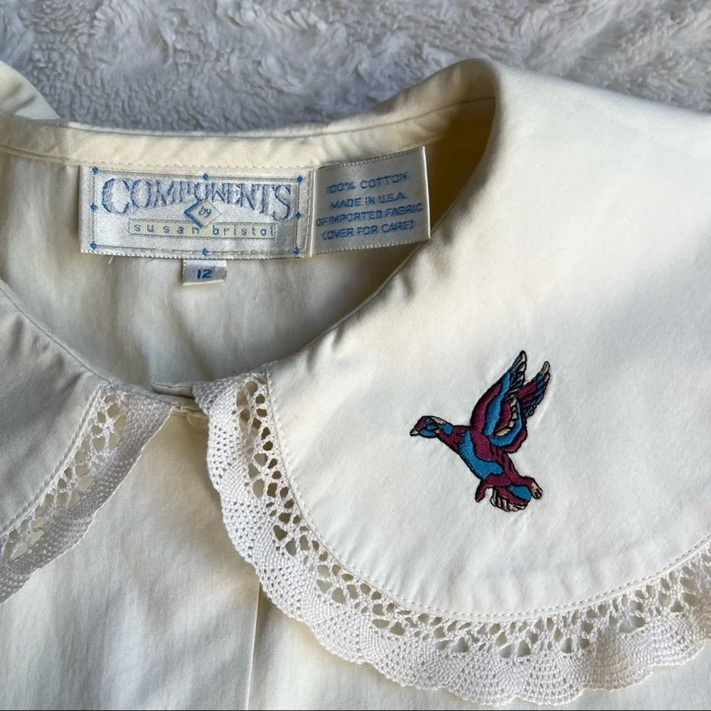 Vintage exaggerated collar embroidered bird lace trimmed button-up blouse cream - Picture 8 of 17